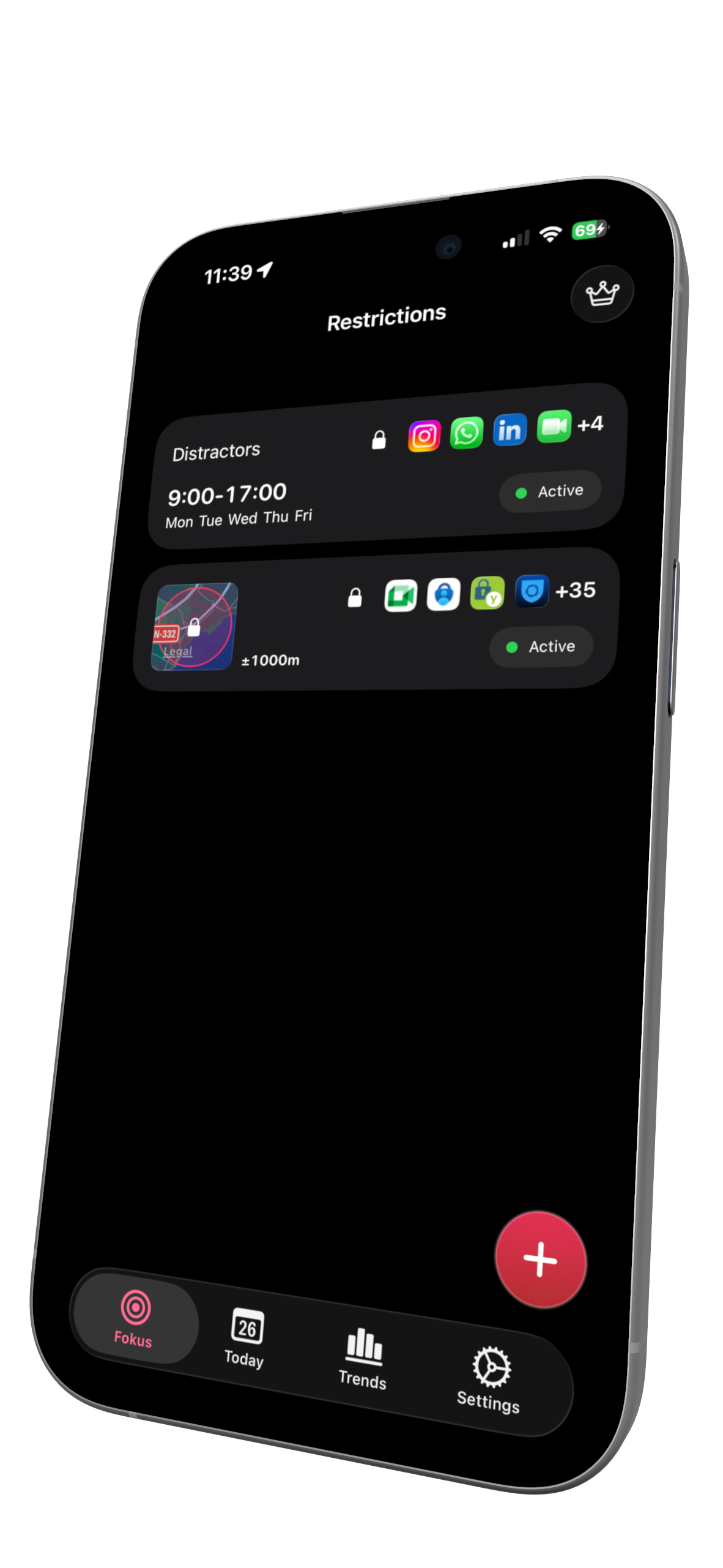 Fokus Zone app showing location-based app blocking on iPhone with focus zones